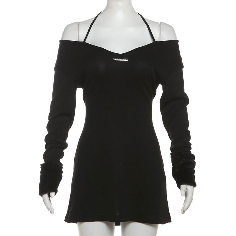 Halter long sleeve off shoulder fluffy mini dress