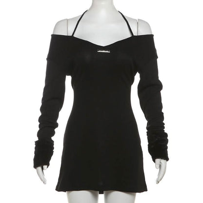 Halter long sleeve off shoulder fluffy mini dress
