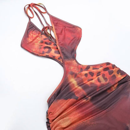 Halter self tie deep V neck leopard print maxi dress