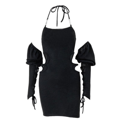 Halter Chain Strap Side Scalloped Cutout Puff Sleeve Lace Up Mini Dress