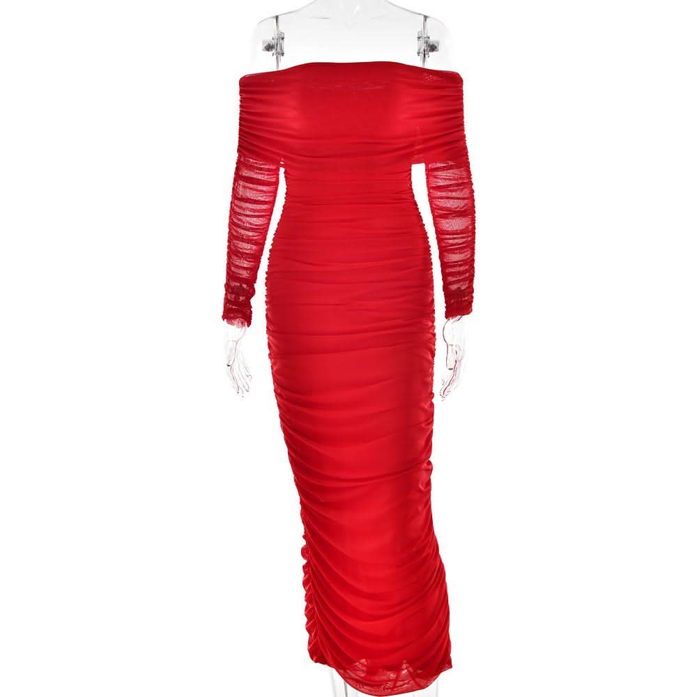 Off shoulder long sleeve slit mesh ruched maxi dress