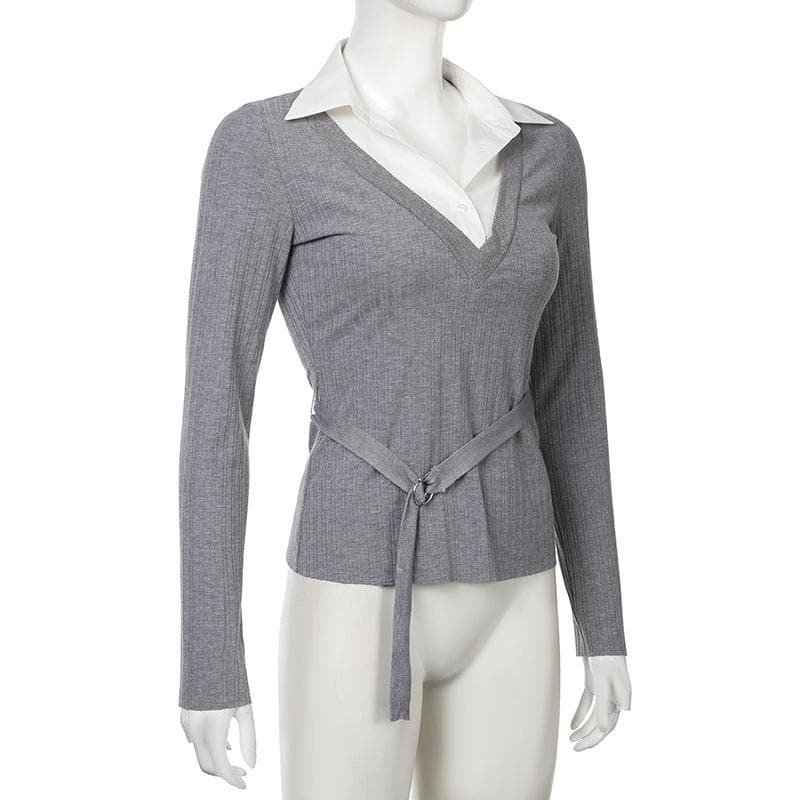 Turnover collar long sleeve ribbed belt top