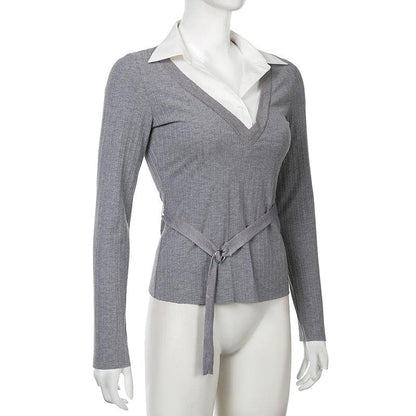 Turnover collar long sleeve ribbed belt top