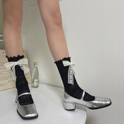 Ruffle bowknot lace contrast socks