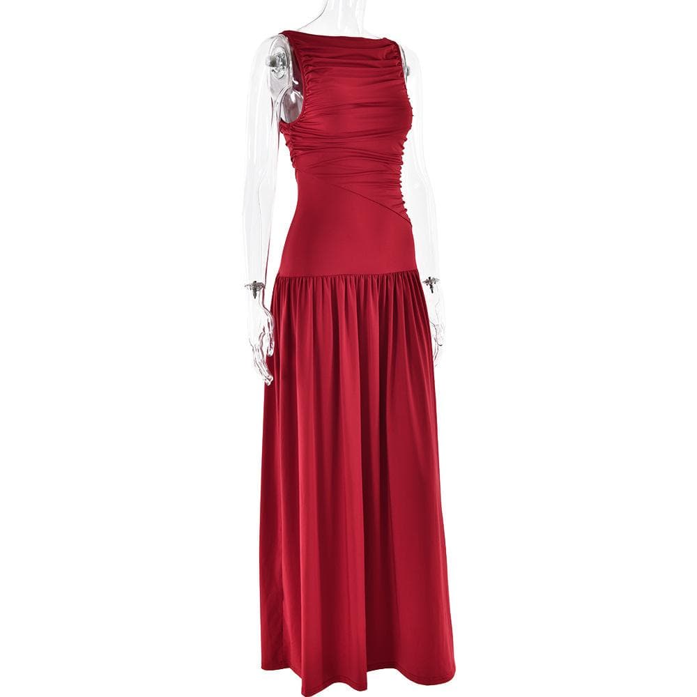 Ruched solid crewneck sleeveless maxi dress