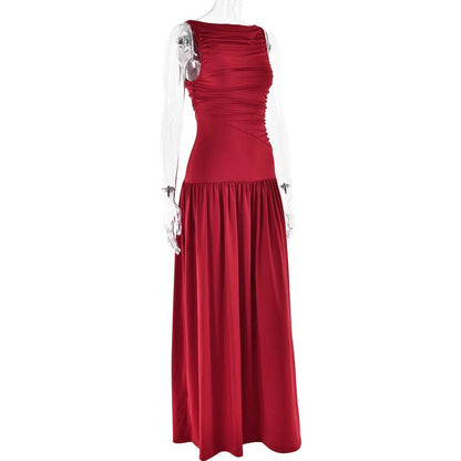 Ruched solid crewneck sleeveless maxi dress