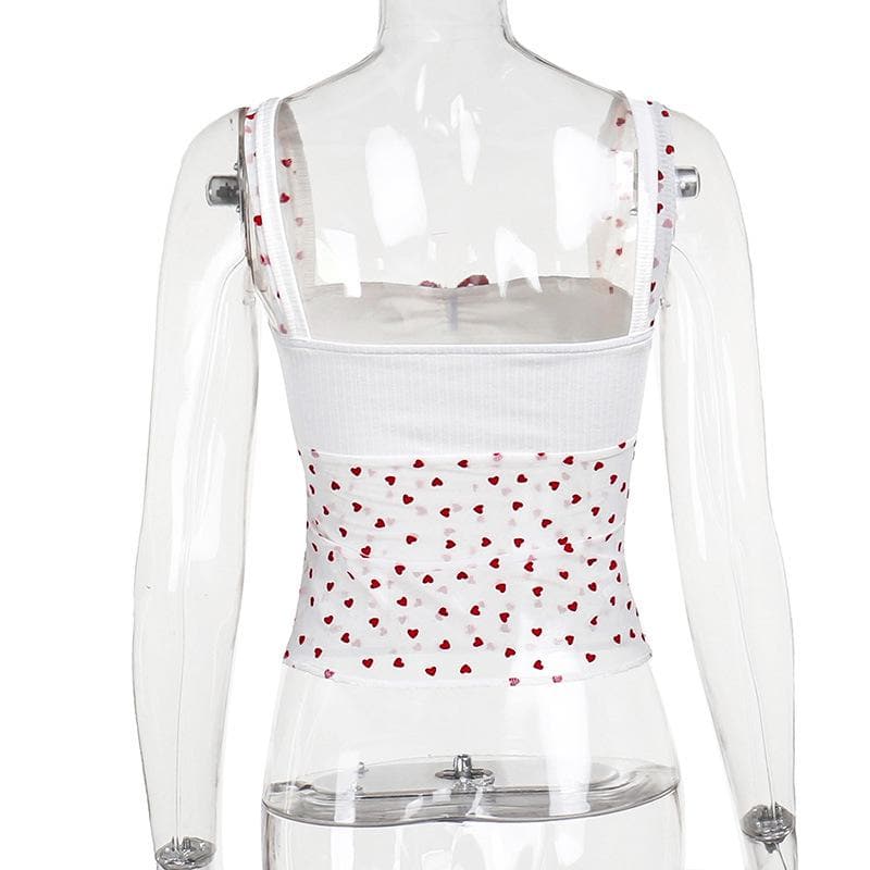 Bowknot ruched heart print mesh cami top