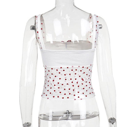 Bowknot ruched heart print mesh cami top