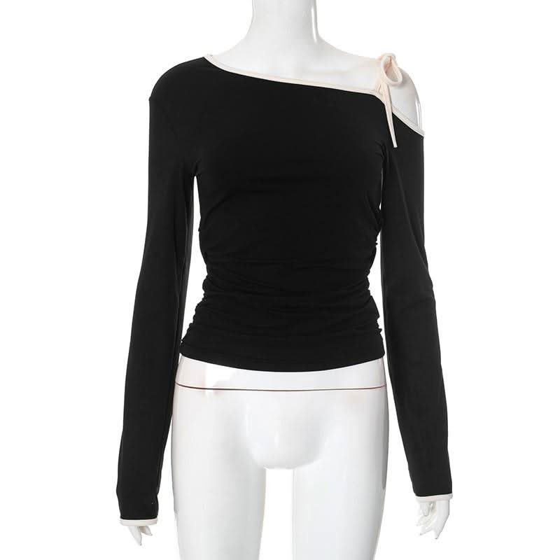 One shoulder long sleeve self tie top