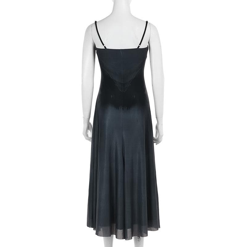 U neck butterfly print mesh cami maxi dress