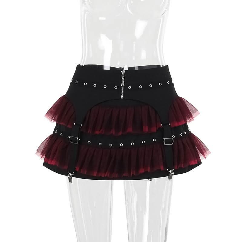 Mesh garter belt ruffle zip-up mini skirt