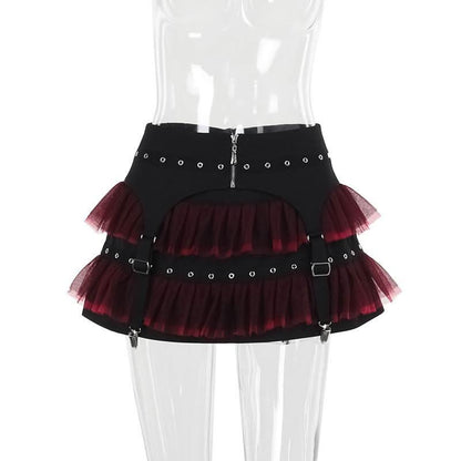 Mesh garter belt ruffle zip-up mini skirt