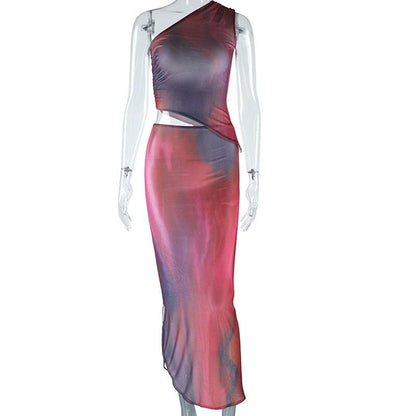 One shoulder sheer mesh print irregular ruffle maxi dress