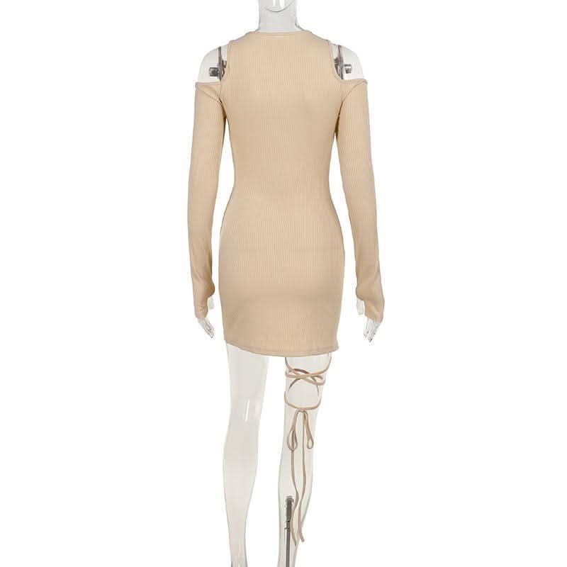 Long sleeve off shoulder knitted hollow out self tie cut out mini dress
