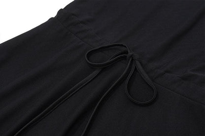 Long flared sleeve crewneck self tie mesh backless mini dress