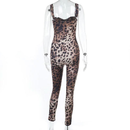 Leopard print v neck backless tank jumpsuit