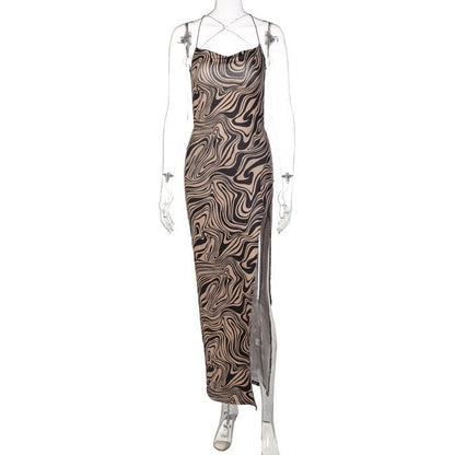 Ripple contrast print cross back slit cowl neck backless midi dress