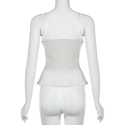 Lace hem ruffle bowknot v neck backless cami top