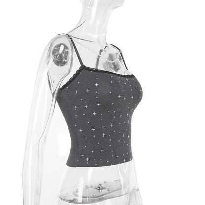 Print lace hem beaded backless cami top
