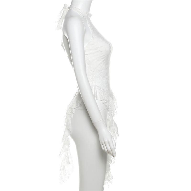 Halter mesh ruffle backless top