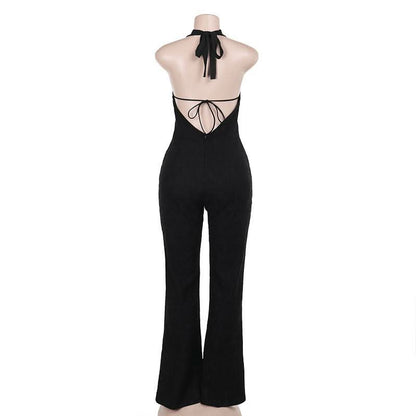 Halter self tie deep V neck lace backless jumpsuit