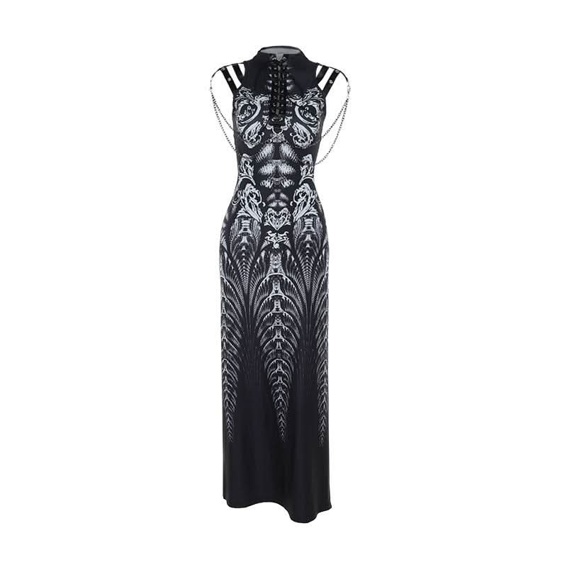 High neck lace up abstract print metal chain slit maxi dress
