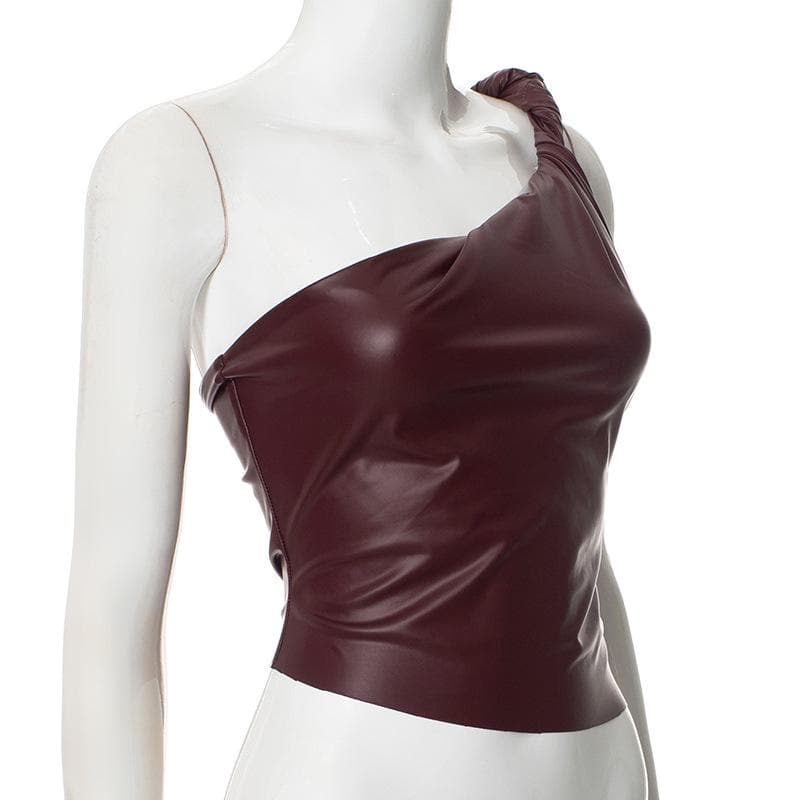 One shoulder PU leather ruched backless top