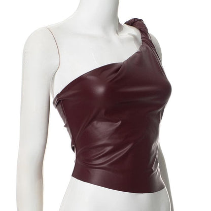 One shoulder PU leather ruched backless top