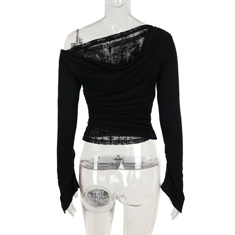 Off shoulder long flared sleeve mesh patchwork top