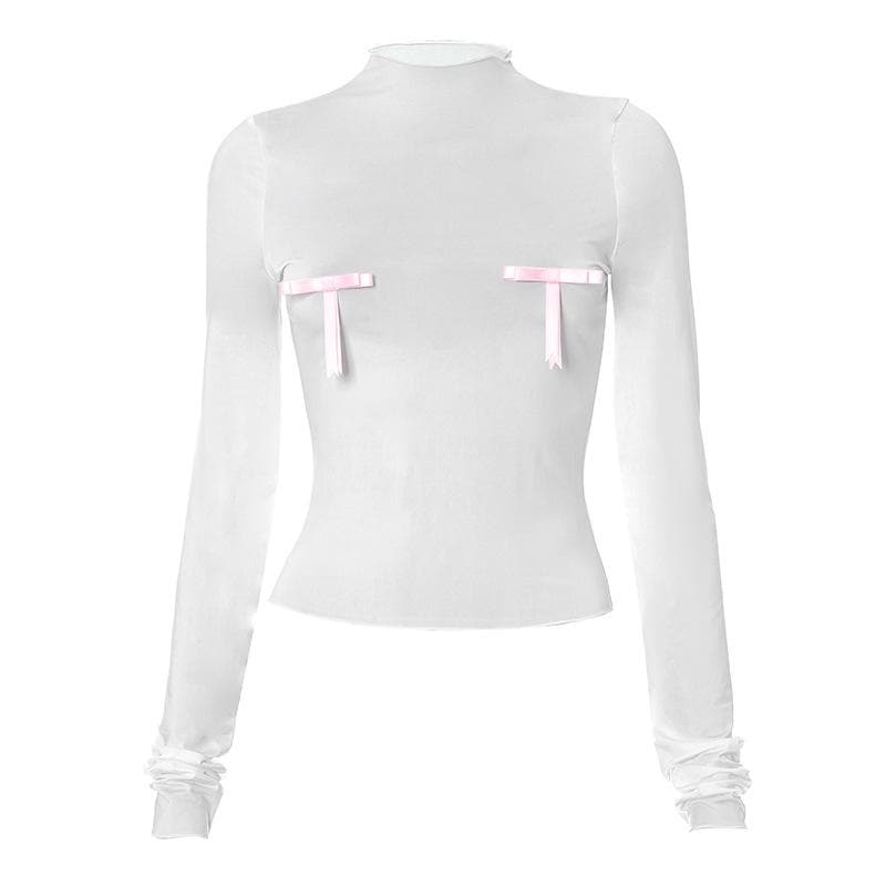Bowknot contrast high neck long sleeve ruffle top