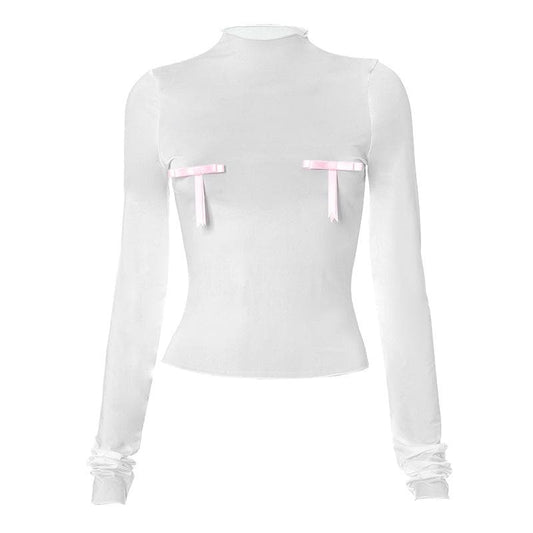 Bowknot contrast high neck long sleeve ruffle top