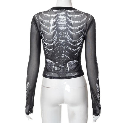 Sheer mesh contrast print see through gloves long sleeve top