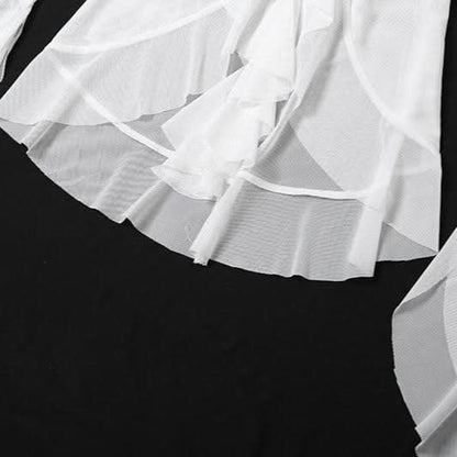 Long sleeve ruched v neck sheer mesh ruffle top