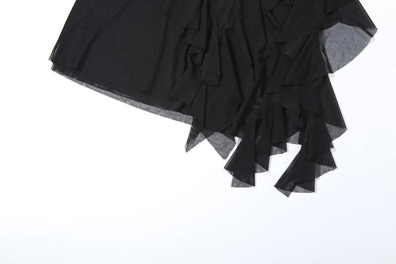 Cowl neck mesh ruffle slit irregular solid cami maxi dress-final-sale