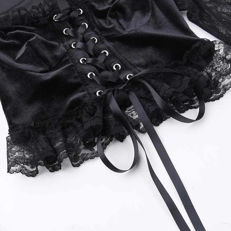 Long flared sleeve velvet lace patchwork ruffle lace up crop top