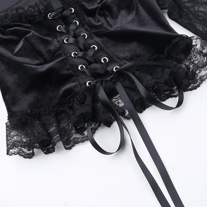 Long flared sleeve velvet lace patchwork ruffle lace up crop top