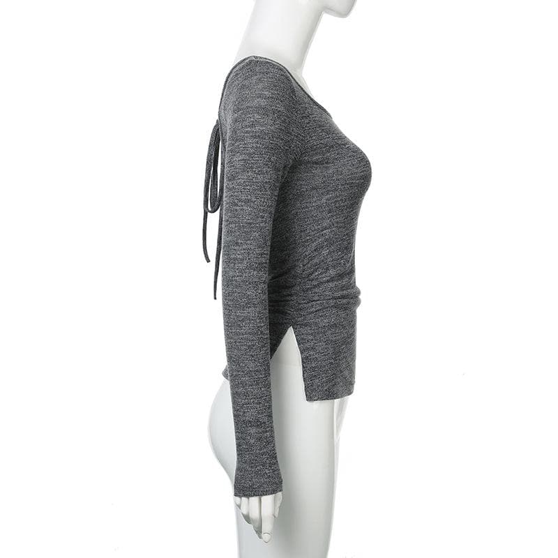 Long sleeve u neck self tie solid top