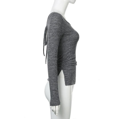 Long sleeve u neck self tie solid top