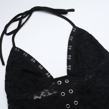 Lace v neck halter self tie ruched maxi dress