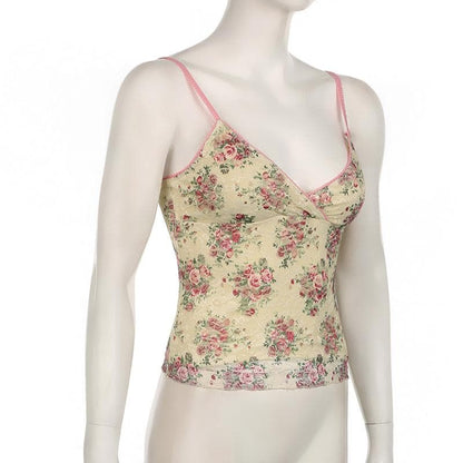 V neck lace flower print cami top