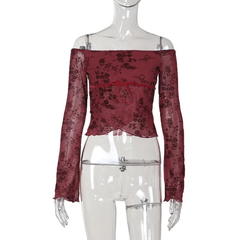 Flared sleeve off shoulder flower pattern top