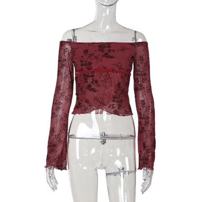 Flared sleeve off shoulder flower pattern top