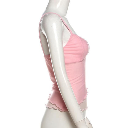 Bowknot lace v neck mesh irregular cami top