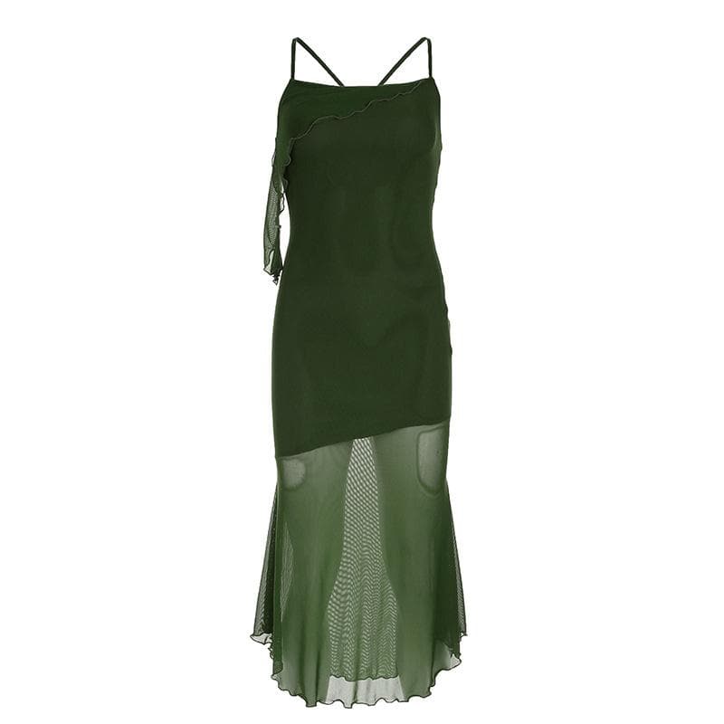 Ruffle irregular mesh cross back cami midi dress