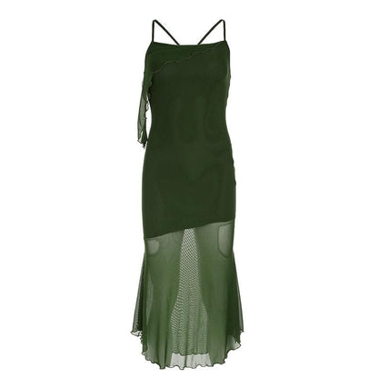 Ruffle irregular mesh cross back cami midi dress
