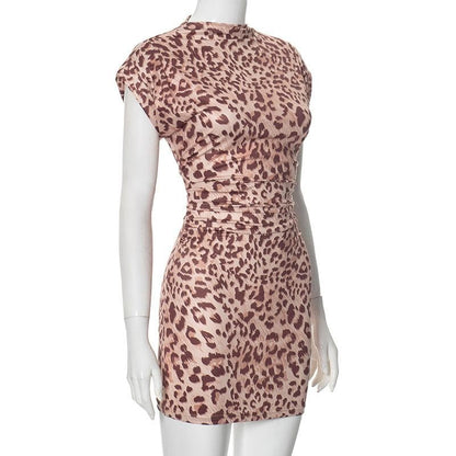 Short sleeve leopard print ruched mini dress