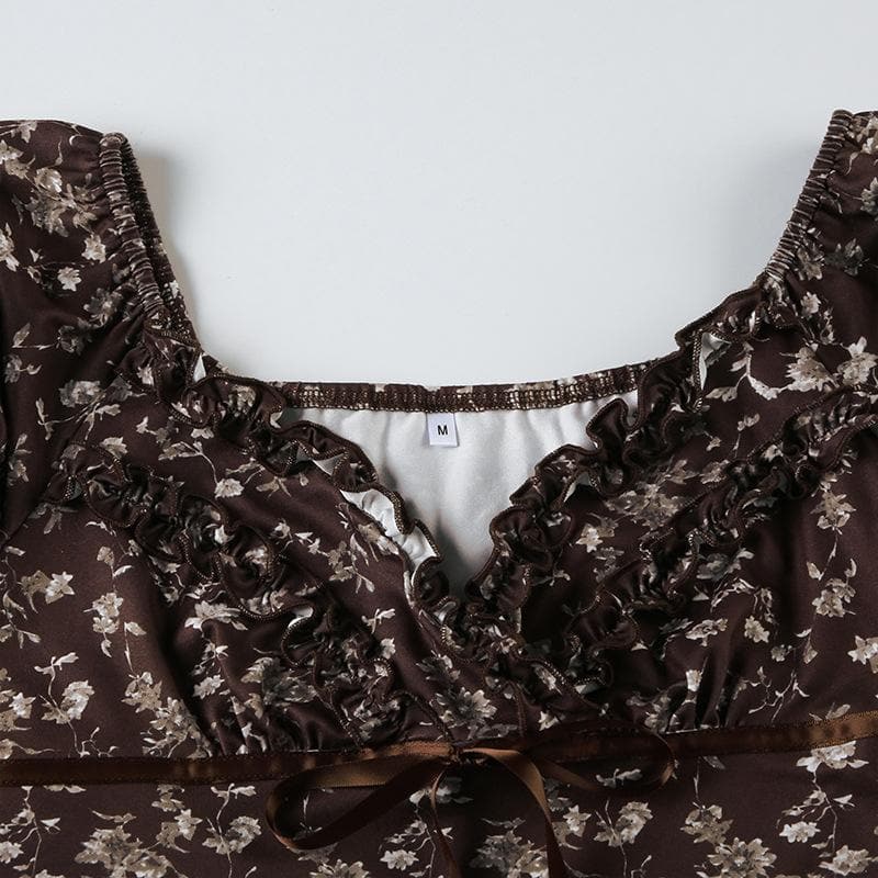 Short shoulder flower print ruffle top