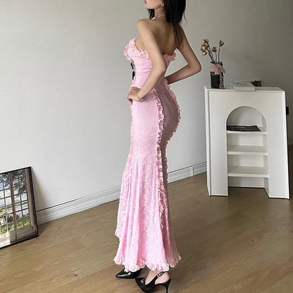 Lace contrast bowknot zip-up ruffle backless tube maxi dress-final-sale