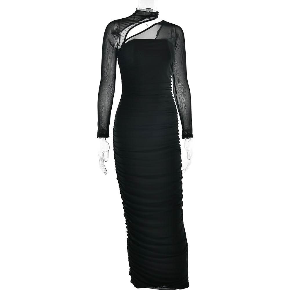 Long sleeve mesh ruched maxi dress