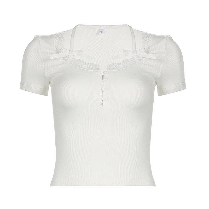 Short sleeve lace hem ribbed bowknot button crop top